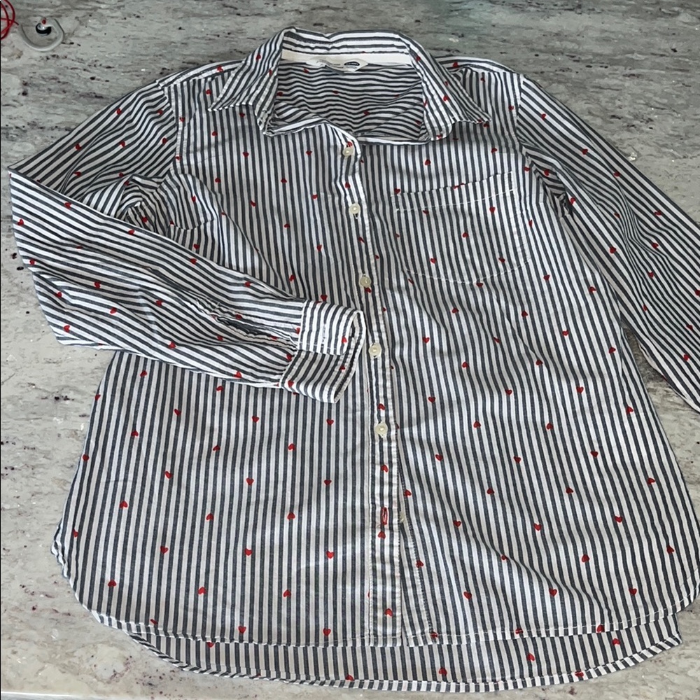 Old Navy Blue and White Casual Button Down Shirt with red hearts